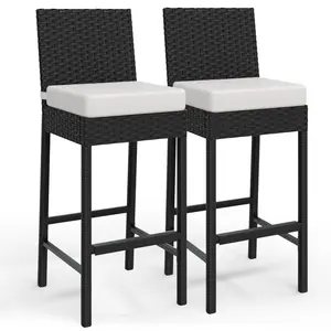 Patio Wicker Barstools with Cushions, Outdoor Wicker Bar Stools Set of 2, Outdoor Rattan Bar Height Stool Set Armless for Backyard, Poolside
