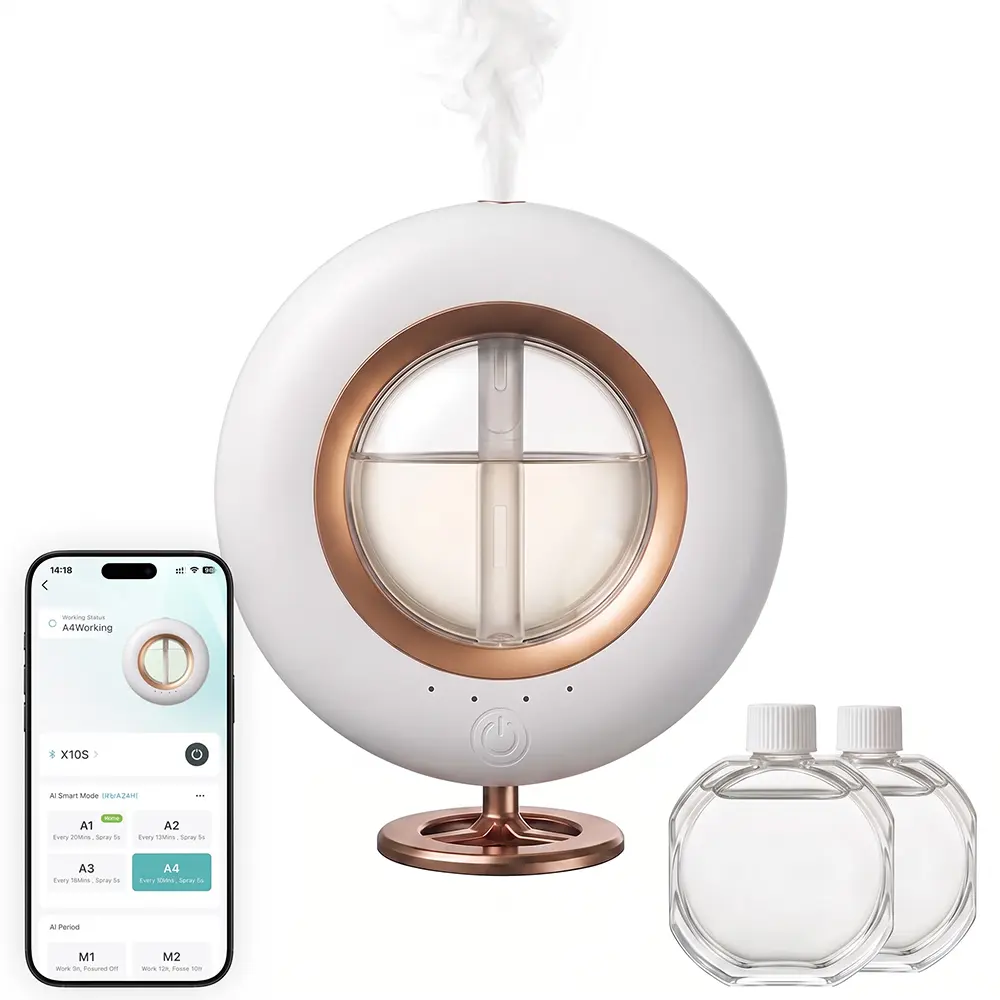 Waterless Cold Air Essential Oil Diffuser with 2x 120ml Oils (White Tea & Freesia) - Bluetooth Scent Machine, 4 Mist Levels, Timer, Wall Mount, Battery & Plug-In Options, Diffuser for Home Office