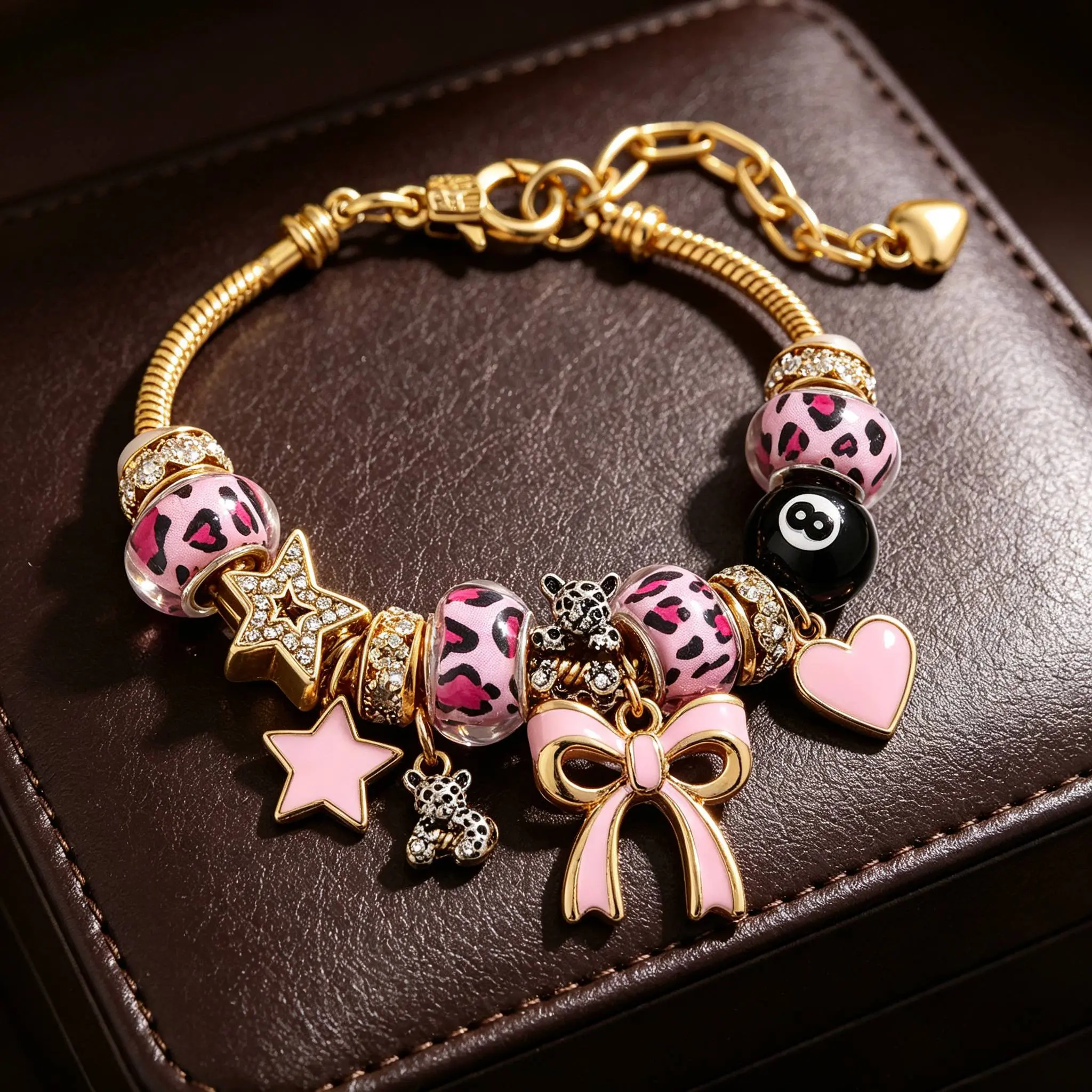 Unisex DIY Bangle Charm Bracelet - Sweet & Cool Pink Leopard Print, Bow, Heart & Star Accents, Adjustable Length Gold Snake Chain, for Daily Wear (Non-Natural Crystal Jewelry Accessory)