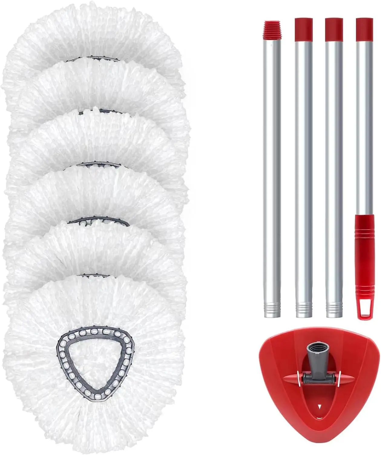 6 Pack Spin Mop Replacement Kit Compatible with O-Cedar EasyWring 1-Tank, Microfiber Mop Heads with Red Base & Stainless Steel Handle