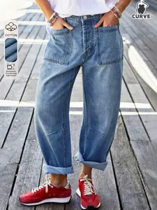 Women's Plus Size Fashion Washed Curved Knife Pants, Four Seasons Versatile Denim Capri Jeans, Stylish, Casual and Comfortable