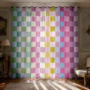 Colorful Checkerboard Pattern Print Filter Window Curtain, Semi-Transparent Sunshade Drape for Teenagers, Girls & Boys Bedroom Living Room Dining, Privacy Protection, 2 Panels