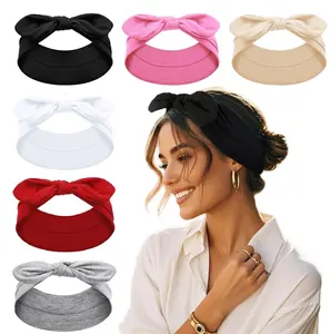 Bandana Headbands for Women Boho Style Solid Color - Elastic Bow  Bands for Womens Hair Non Slip - Wide Headwraps with Bows , Cute Hairbands Hair Accessories 6 Pack