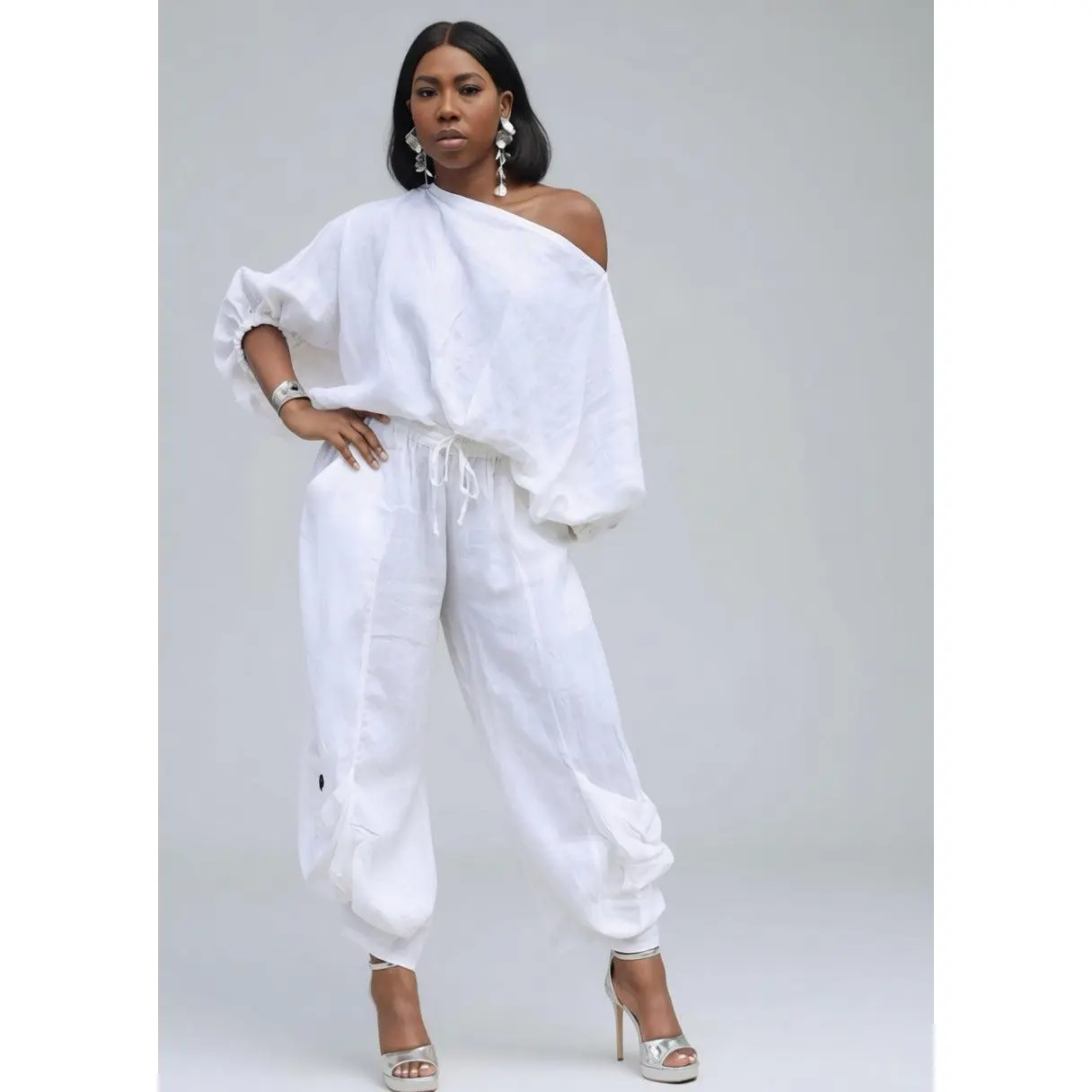 Women's White Linen Dropped Shoulder Pants Set