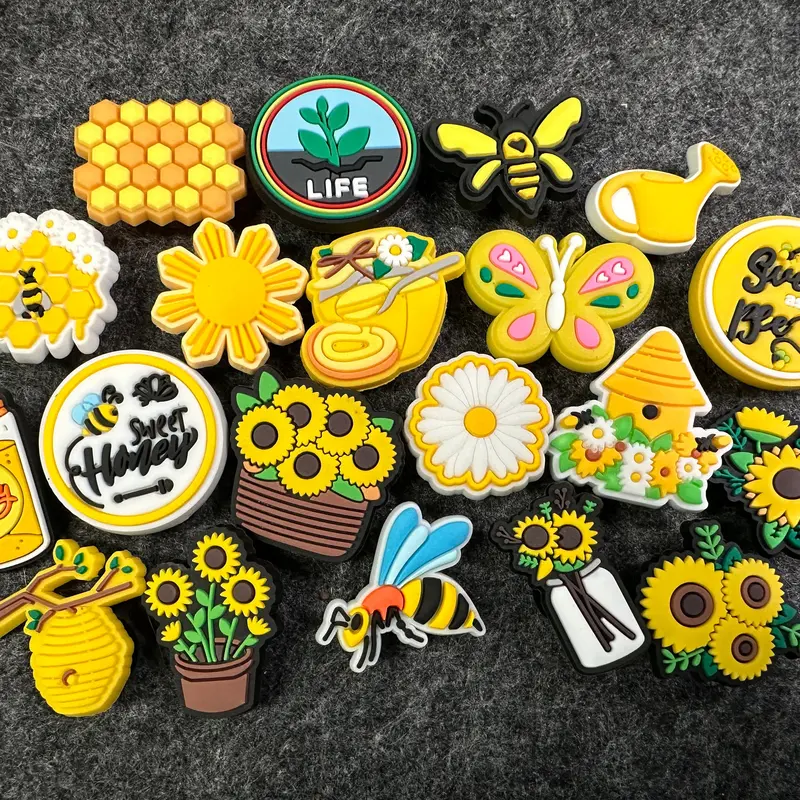 Honey Bee Happy Theme Fancy shoe charms brighten yellow sunflower butterflies and more