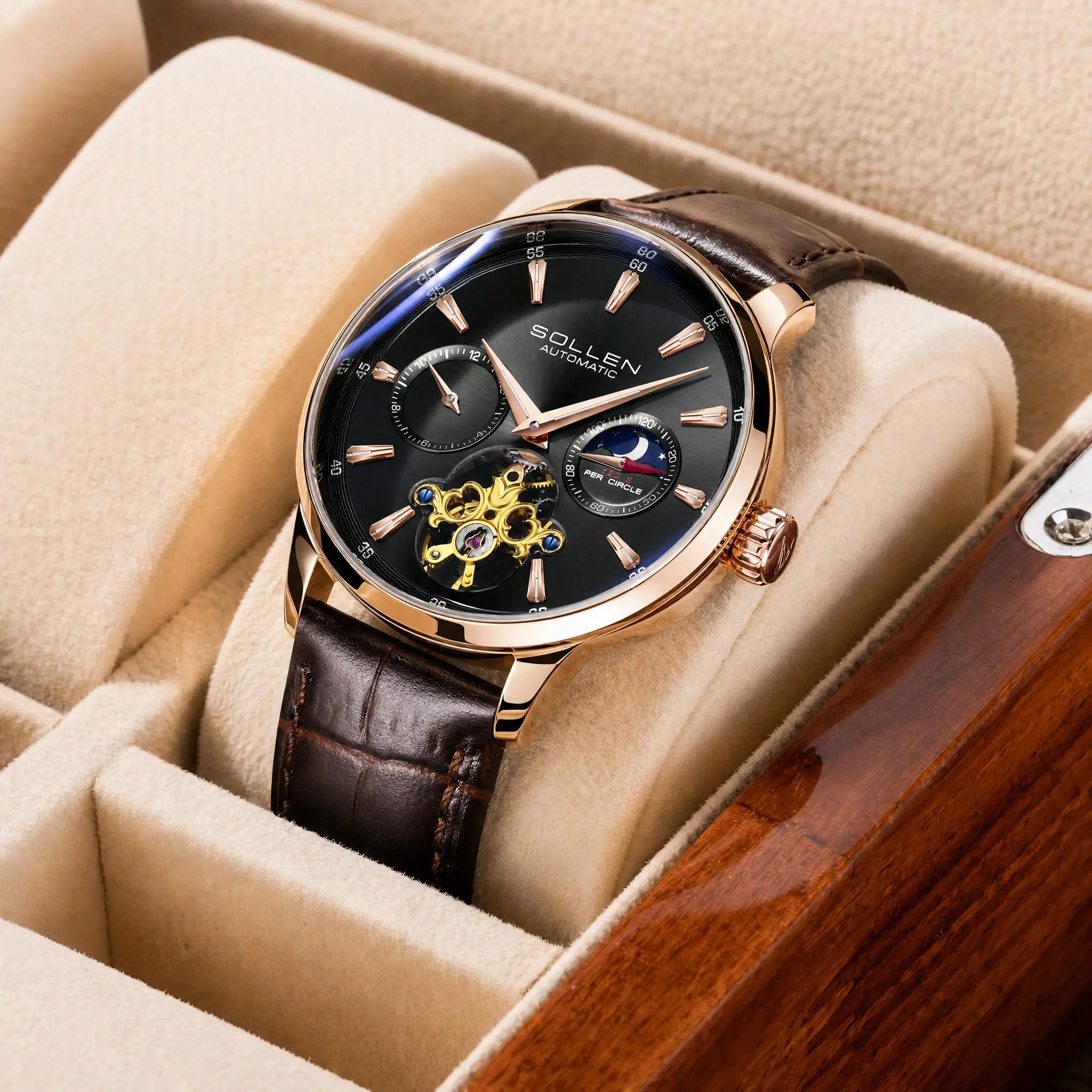 SOLLEN automatic mechanical watch with a leather strap, water-resistant luminous display; perfect birthday gift for boyfriend/husband—Valentine’s Day, Father’s Day, wedding anniversary — 306