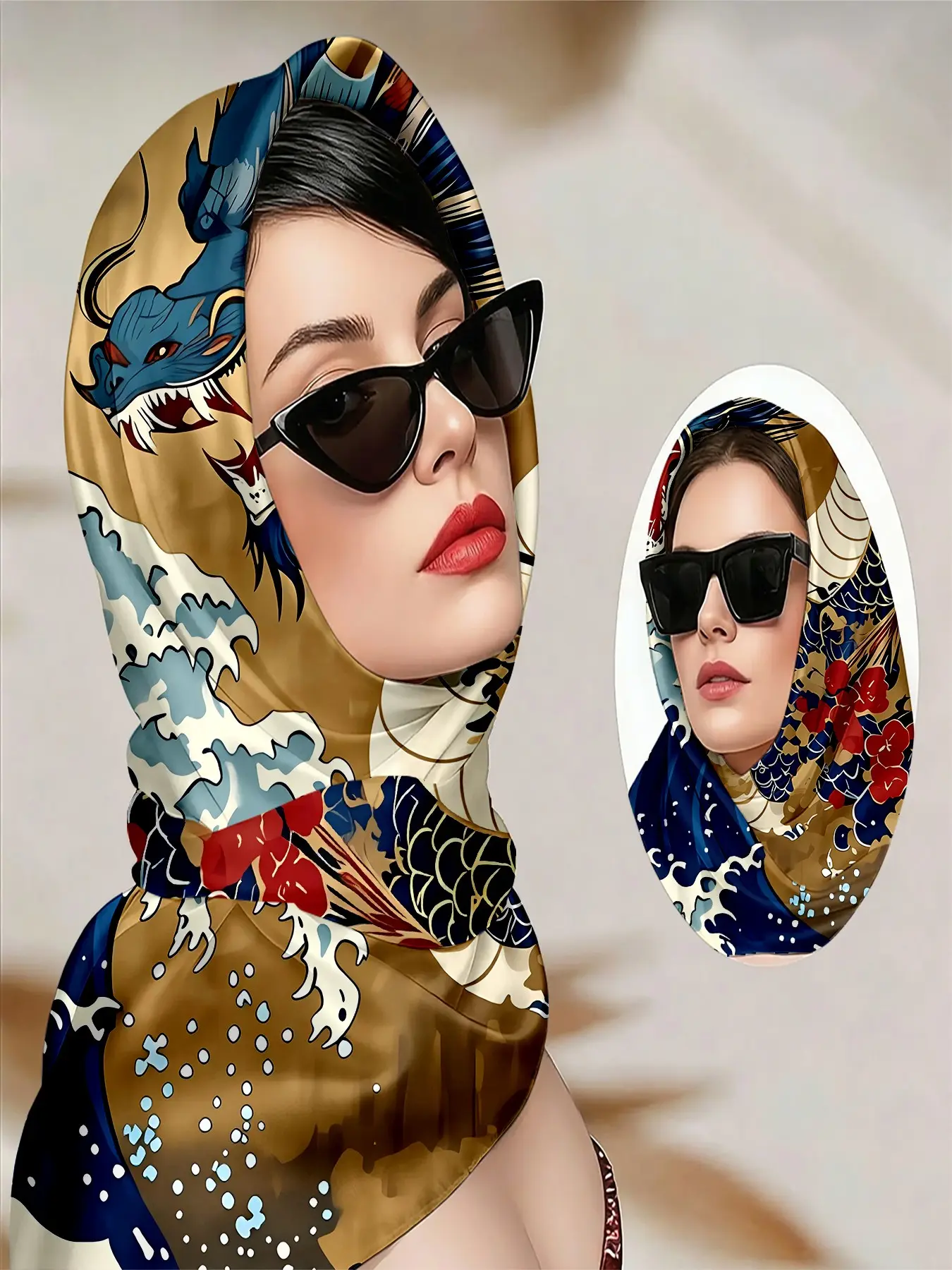A versatile scarf for hair, Japanese Dragon and Ocean Waves Art Print Scarf — Stylish Headwrap for Asian Cultural Festivals, Mythological Exhibitions & Art Collector Events