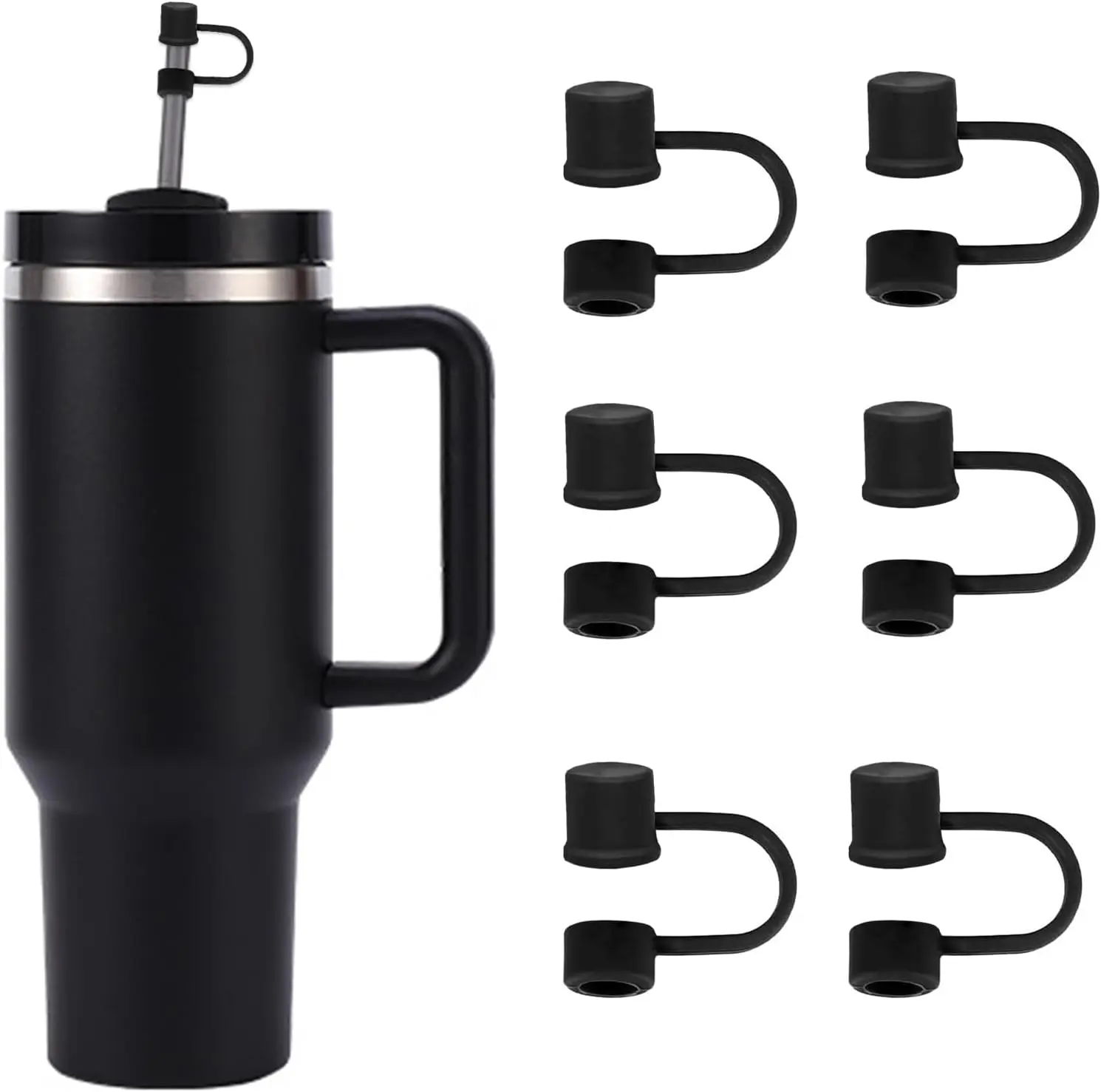 6PCS Portable Silicone Straw Cover Set, Dust-Proof Reusable 10mm Straw Toppers for 30-40oz Stanley Cup Tumbler with Handle, Drink Accessory (Black)