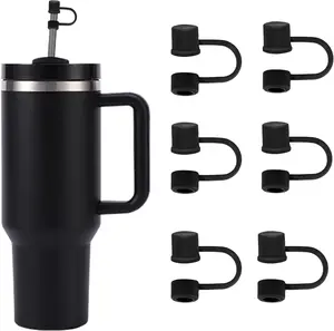 6PCS Silicone Straw Covers Cap Compatible with Stanley Cup 30-40oz Tumbler with Handle 10mm Straw Toppers, Dust-Proof Reusable Straw Cover for Stanley Cup Accessories (Black)