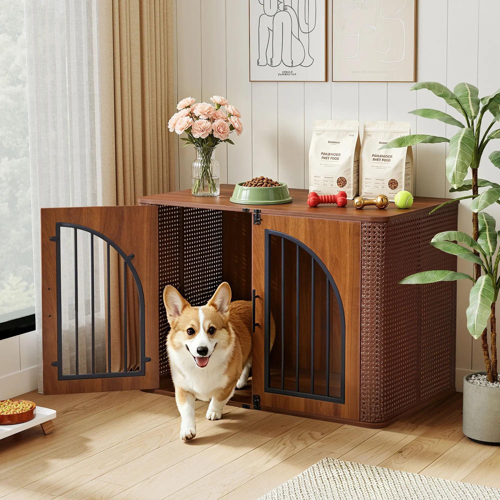 Giratree 39" Large Dog Crate Furniture, Iron Rattan Wooden Heavy Duty Dog Kennel Indoor Furniture Style Wooden Dog Crates for Small/Medium/Large Dogs, Idea for Living Room Sofa Side