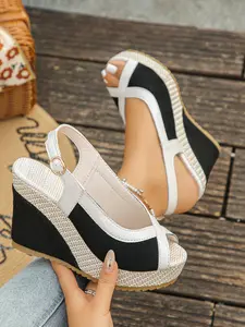 Women's Summer New Colorblock Fish Mouth Open Toe Thick Sole Chunky Heel Back Strap Sandals, Fashionable Casual Streetwear Shoes