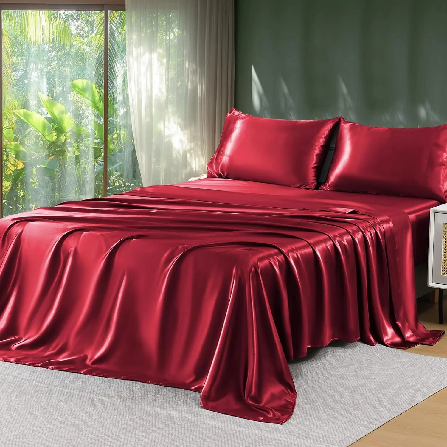 Sasttie Queen Size Satin Bedsheet Set - 4-Piece Polyester Bedding Set, Breathable Smooth Silky Wine Luxury Soft Sheets with Pillowcases, 14-Inch Reinforced Pocket, Oeko-Tex Certified