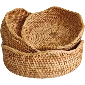 Rattan Bread Basket, Hand Woven Fruit Basket, Wicker Serving Basket Bowl, Decorative Baskets for Kitchen Counter Organizing, Set of 3 (Wave)