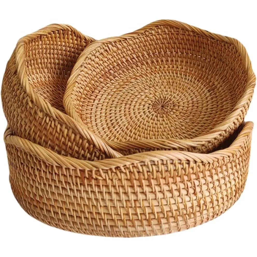 Rattan Bread Basket, Hand Woven Fruit Basket, Wicker Serving Basket Bowl, Decorative Baskets for Kitchen Counter Organizing, Set of 3 (Wave)