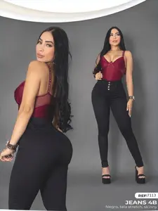 Colombian Curves Jeans Women's High Waist 4-Button Black Skinny Fitted Jeans - Curvy Fit, Tummy Control, Butt Lifting, Cotton-Spandex Blend, Breathable Wide Waist, Smooth Compression Streetwear Bottoms