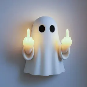 Cute Ghost Statue with LED Light Middle Finger, Scary Spooky Halloween Decoration, Desktop & Indoor Outdoor Decor, Perfect for Halloween Party