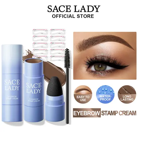 SACE LADY Eyebrow Stamp Kit - Eyebrow Makeup for Adults, Brows Shaping & Sparse Brows, Pigmented Long-Lasting Waterproof Matte Finish Cream, Dual Brush Blender, 10 Reusable Stencils for Easy Application, Soft & Natural Look
