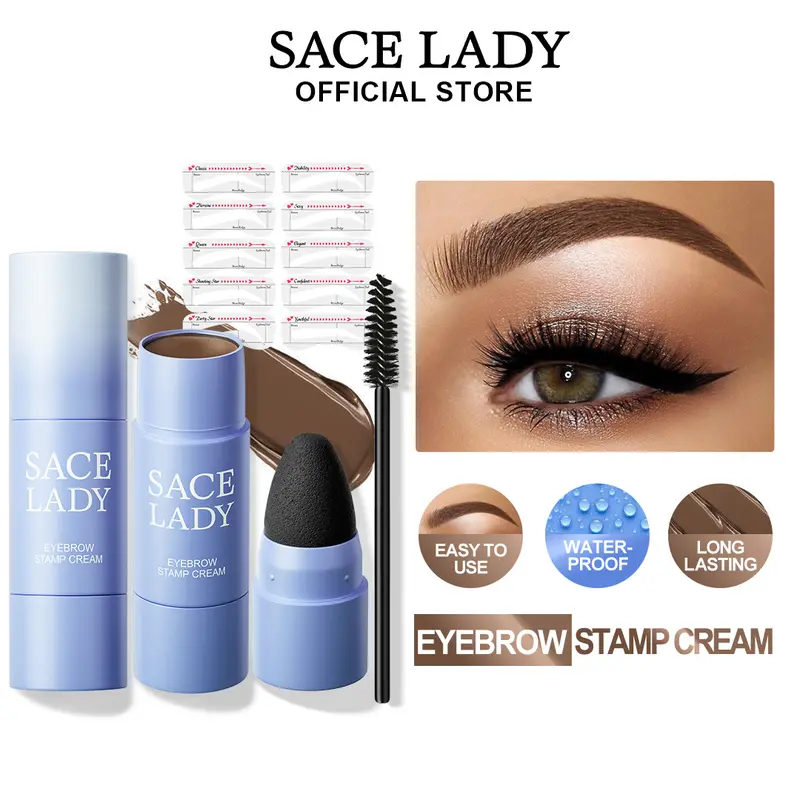 SACE LADY Eyebrow Stamp Kit - Eyebrow Makeup for Adults, Brows Shaping & Sparse Brows, Pigmented Long-Lasting Waterproof Matte Finish Cream, Dual Brush Blender, 10 Reusable Stencils for Easy Application, Soft & Natural Look