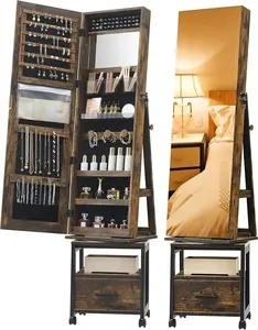 【GARVEE】360° Swivel Lockable Jewelry Cabinet with Full-Length Mirror, 1 Drawer, Wheels, Foldable Makeup Shelf, and Ample Storage - Standing Jewelry Organizer and Armoire, Perfect Gift Idea