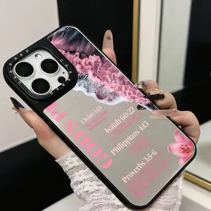 Pink Purple Floral Scripture Phone Case with Mirror Shockproof Anti-scratch Cover for iPhone11-17promax IPhone11/12/13/14/15/ Promax16/16Promax/16pro/16plus