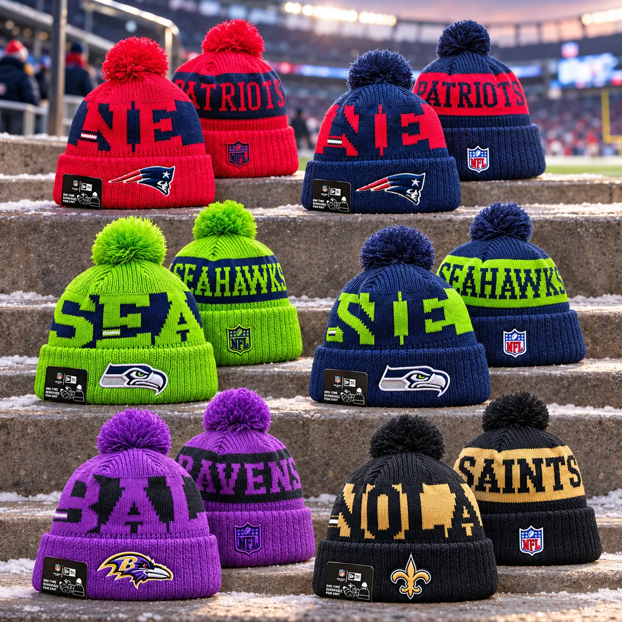 Men’s & Women’s Winter Knit Beanie Hats with Pom Pom – Embroidered Football Team Designs, Warm Cuffed Beanies, Colorful Sports Fan Hats for Outdoor Activities & Casual Wear