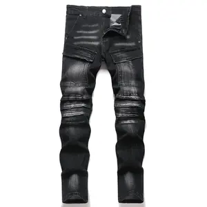 XIMXIMMTIAN Men's Slim Fit Ripped Jeans, Fashionable Stretch Denim Streetwear Motorcycle Biker Pants in Black, Menswear