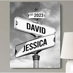 Personalized Vintage Street Sign Canvas for Couples Custom Name Date Crossroad Wall Art Wedding Anniversary Valentine’s Day Christmas Custom Poster Glossy Hand Stretched Ornaments Room Decoration