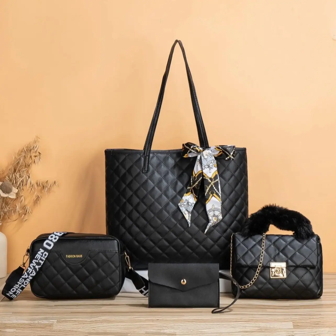 4pcs/set Women's Fashion Rhombus Quilted Pasual StuBer ide Strap restatiy Bag, Cute Plush Clutch Chain Small Square Bag, Simple Small Wallet Set, Perfect for Office, work ,business, commute Best Work Bag