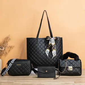 4pcs/set Women's Fashion Rhombus Quilted Pasual StuBer ide Strap restatiy Bag, Cute Plush Clutch Chain Small Square Bag, Simple Small Wallet Set, Perfect for Office, work ,business, commute Best Work Bag