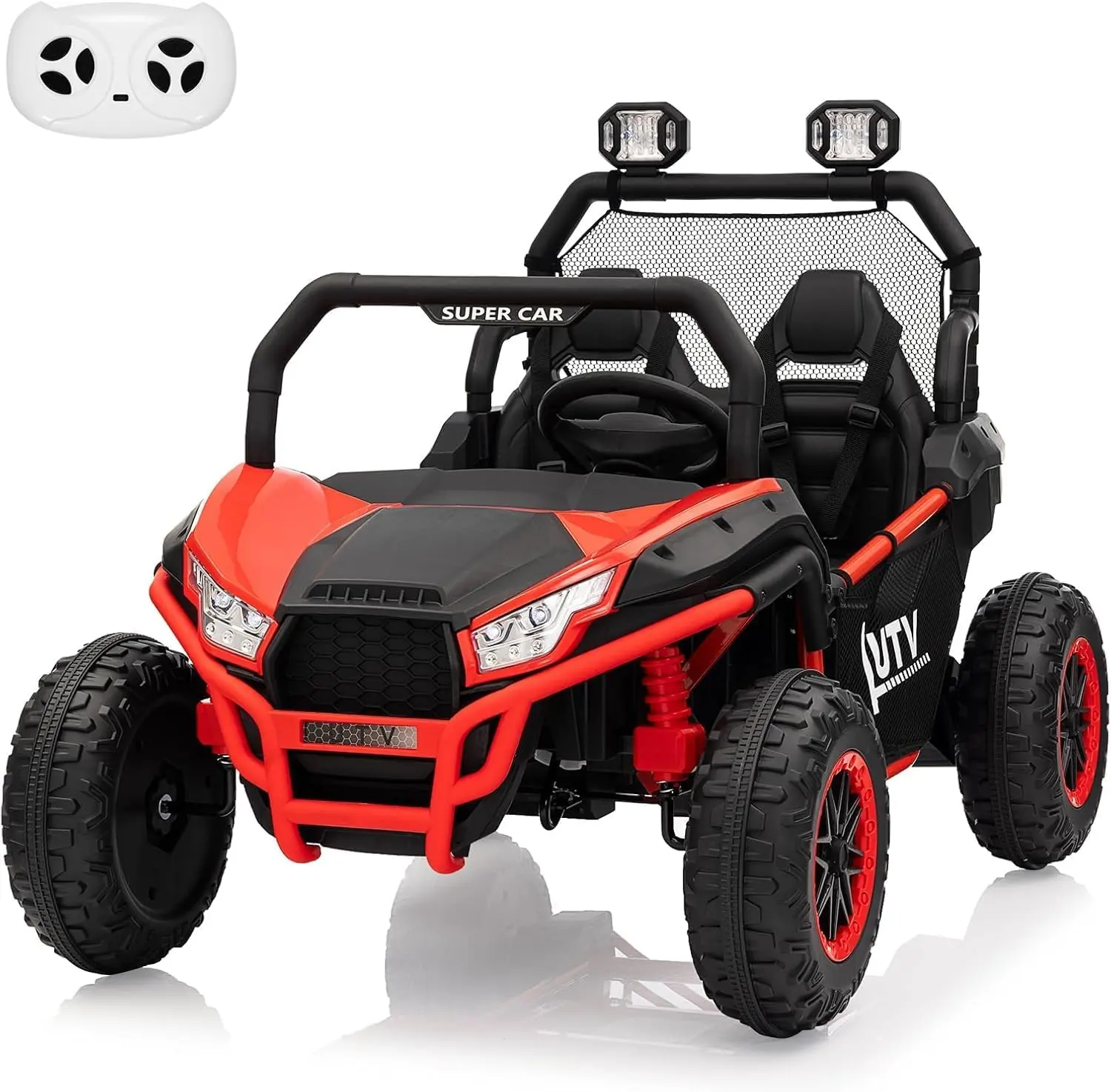 Gaomon 24V Battery-Powered Remote Control Kart, 2-Seater Kids Electric UTV Ride-On with Metal Frame, 4WD-2WD Modes, Bluetooth Audio, LED Lights, Spring Suspension, Wide Seats for 8-10 Years Olds