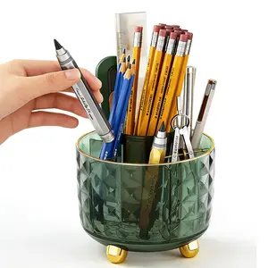 Dark Green Rotating Pen Pencil Holder for Desk, 360° Pen Organizer, Cute 6-Compartment Desk Organizer for Office Supplies