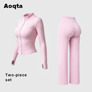 Aoqta Women's Zip Up Mock Neck Yoga Set Sexy Slim Fit Butt-Lift Long Sleeve Top & High-Waisted Flare Pants Stretch Activewear for Gym Streetwear Daily