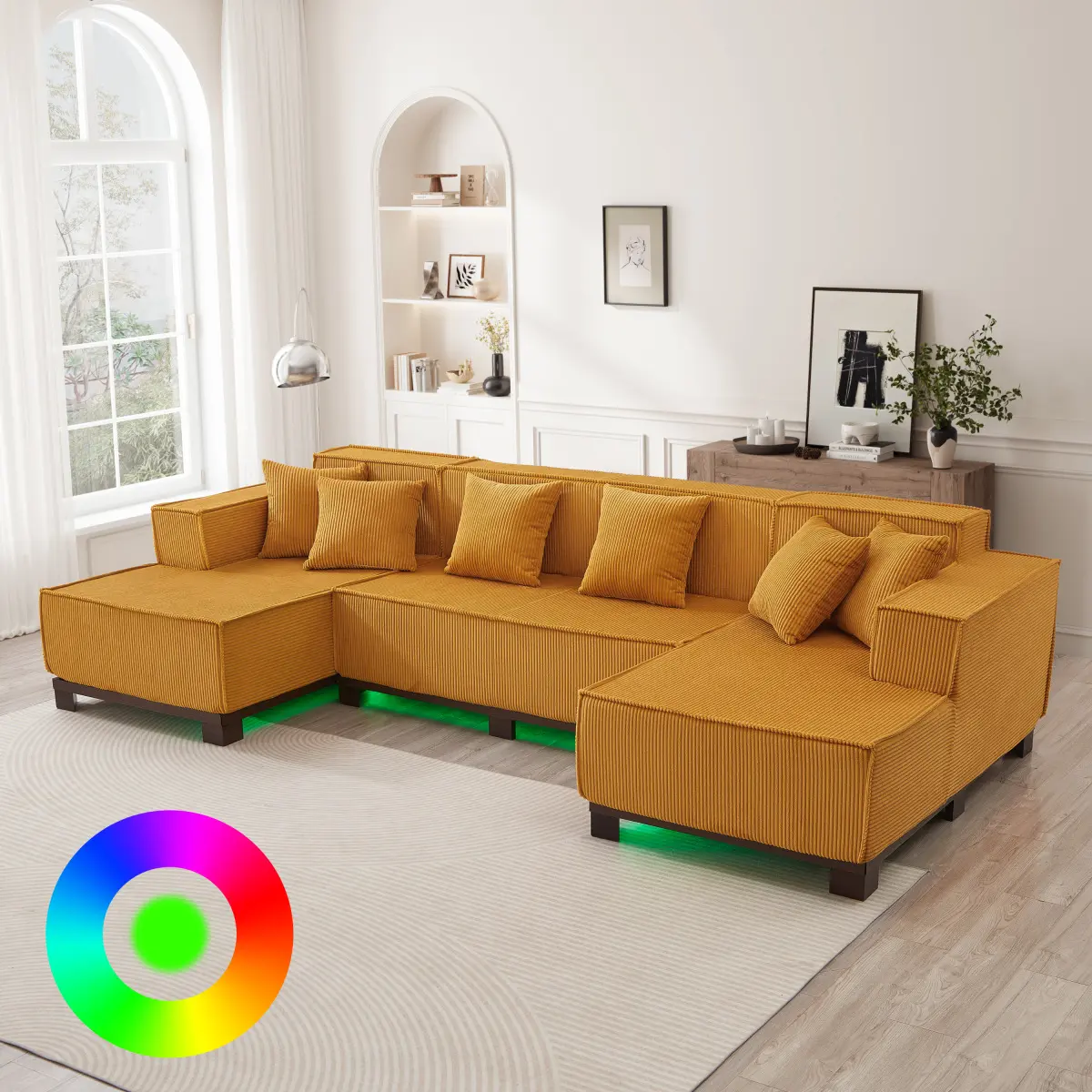 AobtkelModern U-Shaped Sectional Sofa 130" Sectional Sofa Upholstered Sofa with RGB LED Light Strip and 6 Pillows for Living Room, Orange   WL RR
