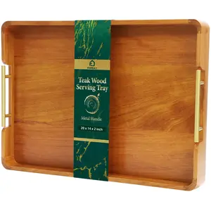 FOPEAT Wooden Trays with Gold Metal Handles 20×14 inches Large Rectangular Wooden Dinner Plates Suitable for Coffee Table Storage, Bedside Breakfast, Living Room Decoration and Afternoon Tea