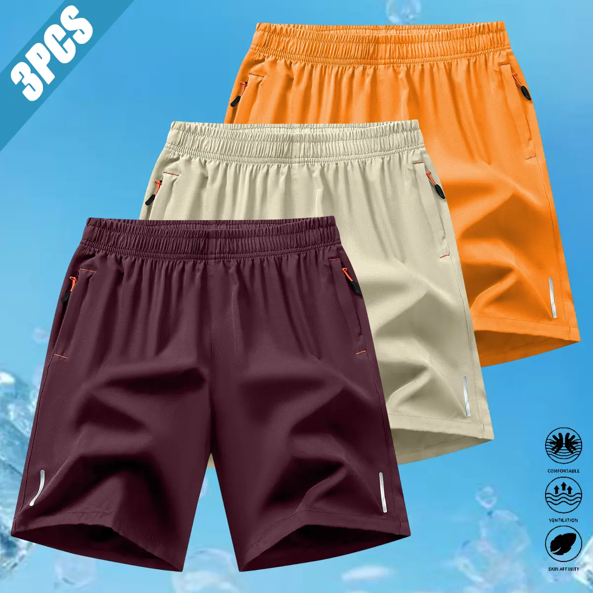 Men's Tropical Beige Polyester Casual Athletic Shorts - Elastic Waist, Zip Pockets, Breathable Solid-Color Bottoms for Sports, Outdoor Activities (XL, Standard Fit)