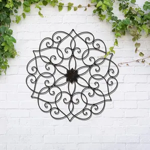 Black Metal Wall Art Decor, 23"H Floral Iron Wall Decor with Ornamental Scroll Design, Indoor Outdoor Wall Accent for Garden Porch Patio