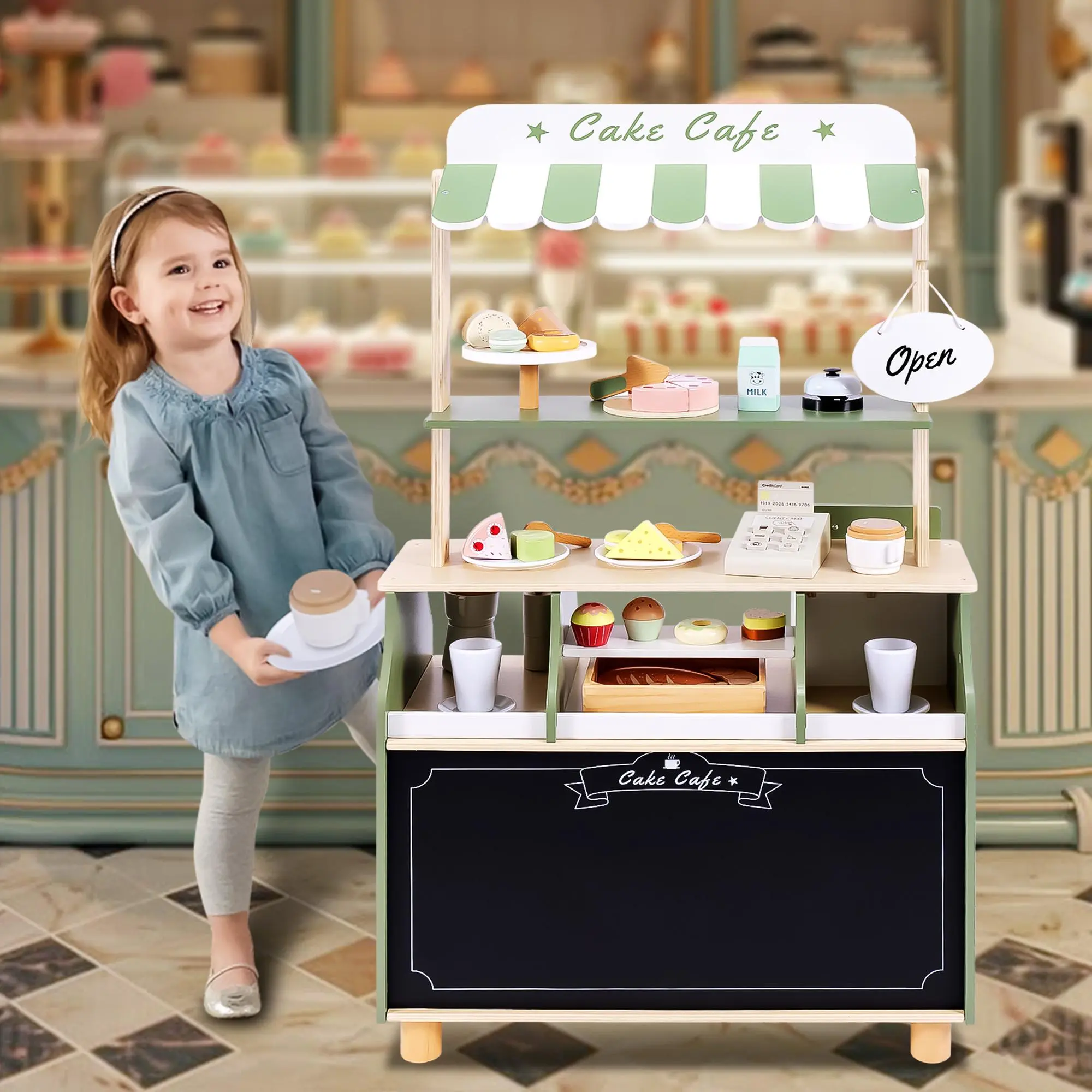 Wooden Dessert Shop with Wooden Dessert Food Tableware Playhouse Toys for kids,Great Birthday Holiday gifts for Girls