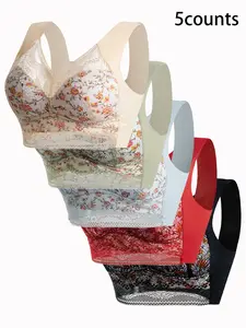 5 Pack Ditsy Floral Lace Wireless Bra, Thin No Padding Full Coverage, Medium, Comfortable Casual Design for All Seasons, Ideal Innerwear, Breathable Comfy Bra