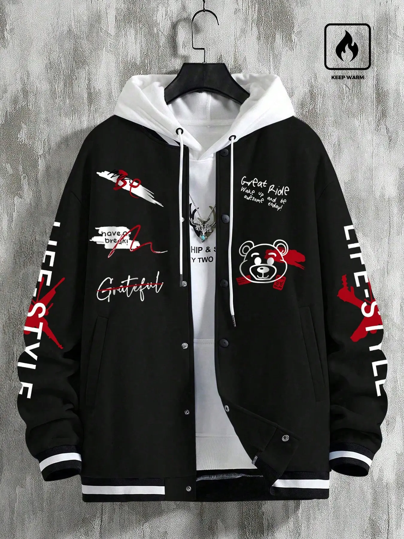 Men's Street Style Streetwear Hooded Baseball Long Sleeve Jacket Fitted, Block Design, Graphic Grateful Bear Print, Casual Daily Wear, Warm Drawstring Coat Outerwear Casual Athleisure Street