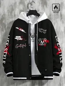 Men's Fall Winter Street Style Graffiti Bear Print Fleece Baseball Jacket, Fitted, Casual Fashion, Comfortable and Durable Design