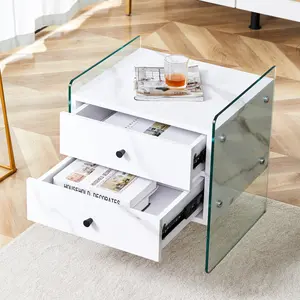 Double-drawer bedside table. The board surface is MDF with white grain sticker, and both sides are transparent tempered glass. The design is simple and elegant, with excellent storage functions.