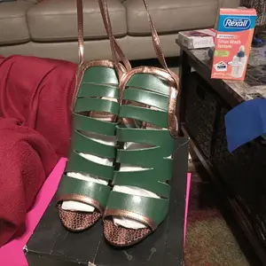 Scene Ryanne Strappy Cut Out Green Bronze Animal Print Open Toe Heels