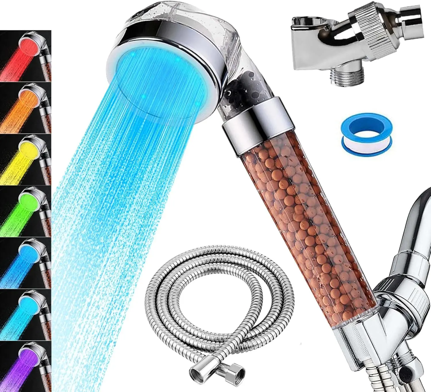 High-Pressure Filtered LED Handheld Shower Head Combo Set, Complete Kit with Auto-Color 7-Color Changing Lighting, Filtration Beads, Water-Saving Hose, Bracket, and High Pressure Showerhead