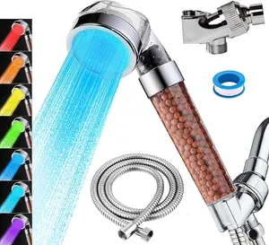 LED Handheld Shower Head Set with Filtration, Automatic 7-color Changing Shower Head Kit, High Pressure Handheld Shower Head with Hose and Bracket, Water Saving Showerheads with Filtration Beads