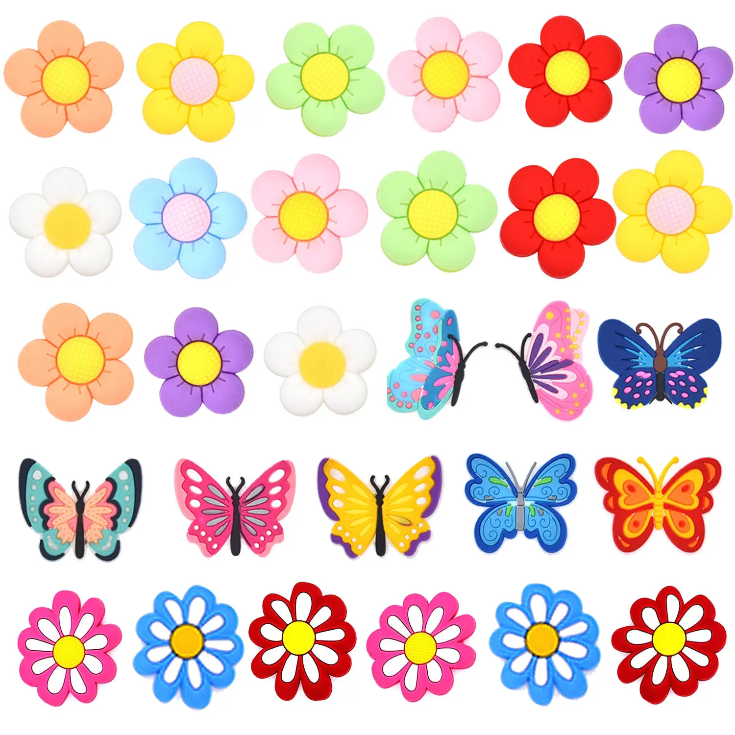 IvaSky Blossom Charms - 30 Piece Flower & Butterfly Charms for Crocs Shoes Decorations Wristbands Party Favors Multicolor Floral Designs Eco Friendly Safe Non Toxic Rubber