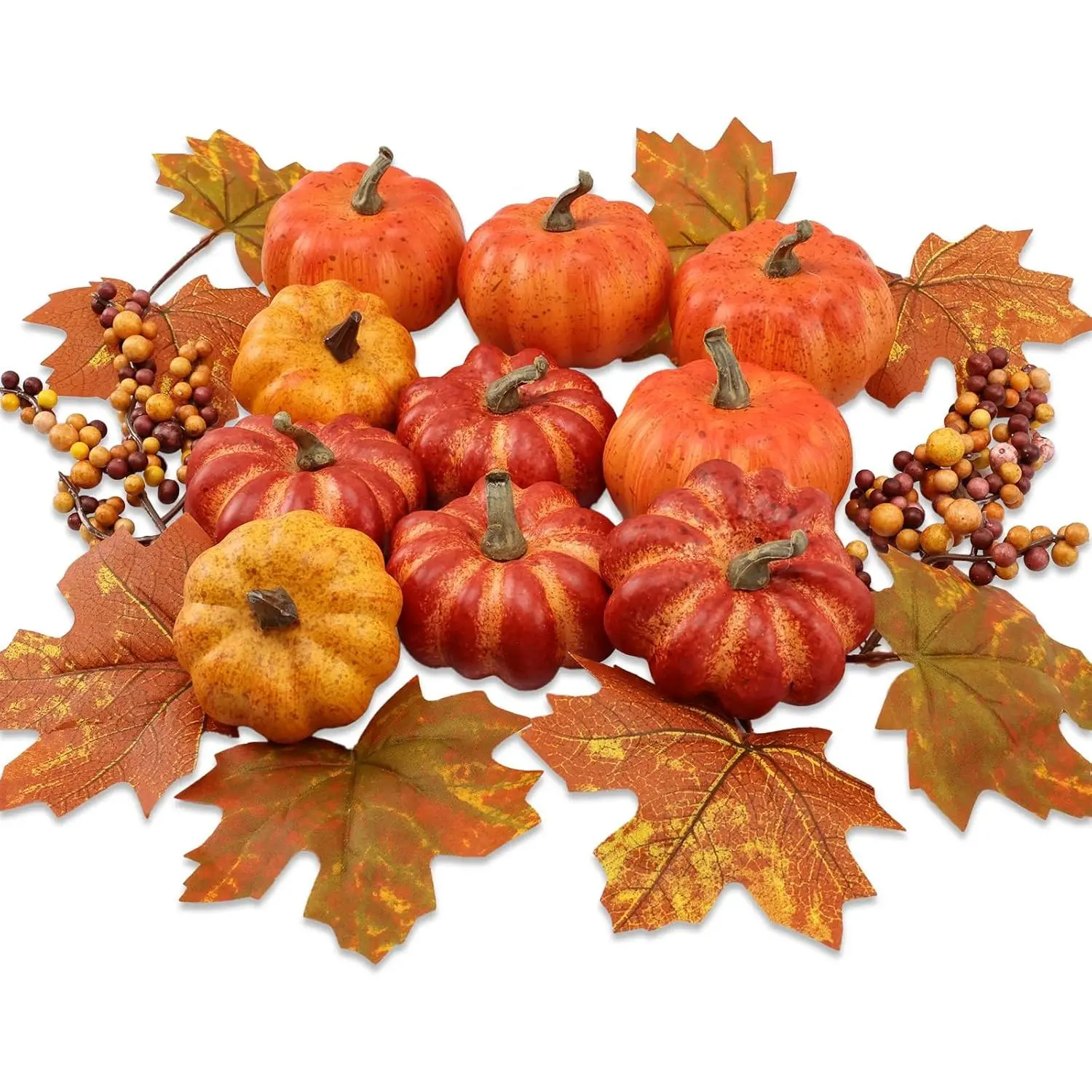 Realistic Mini Pumpkin Decor Indoor 16PCS Artificial Pumpkins for Fall Decorations for Home Fall Centerpieces for Tables Outdoor Thanksgiving Halloween Party/Berries Maple Leaf Autumn Fillers decor