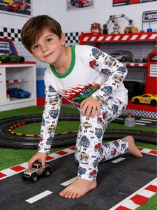 Boys' 2-Piece Flame Monster Car Print Sleepwear Set, Casual Fitted Long Sleeve Pajamas, Spring & Fall Home Wear, Round Neck Pants, Cartoon Print Pajama
