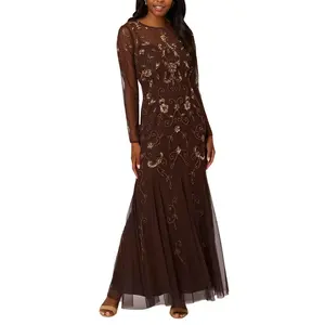 Adrianna Papell Bead Details Boat Neckline Long Sleeves Fit-and-Flare Maxi Dress