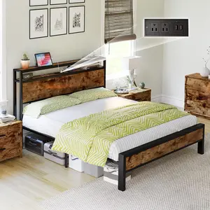 AMERLIFE Industrial Full /Queen/King Size Bed Frame,  Rustic Metal Bed Frame with 2-Tier Storage Headboard and Charging Station, No Box Spring Needed/No Mattress/Small Unique Home Furniture Room/Best Gift Ideas/Christmas Gifts