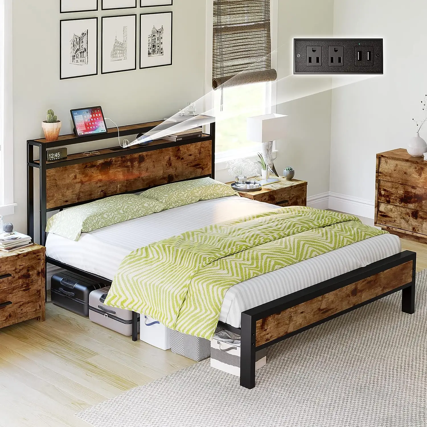 [TikTokShopfalldealsforyou] AMERLIFE Industrial Full /Queen/King Size Bed Frame, Rustic Metal Bed Frame with 2-Tier Storage Headboard and Charging St